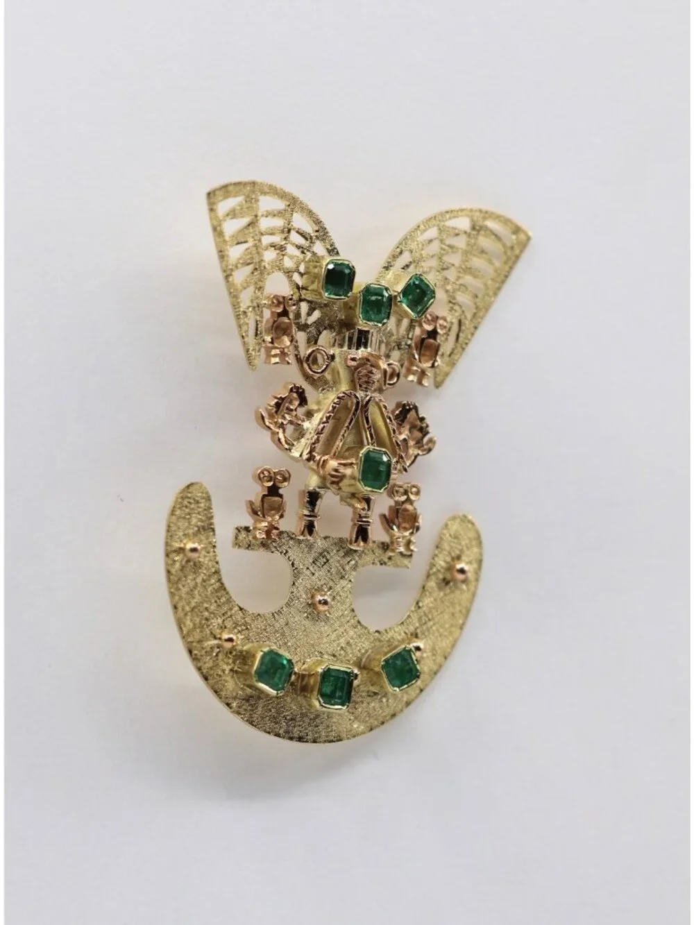 Vintage 18K Gold 7 Emerald Tairona Pre Columbian Brooch Pendant 22.7g Estate Art